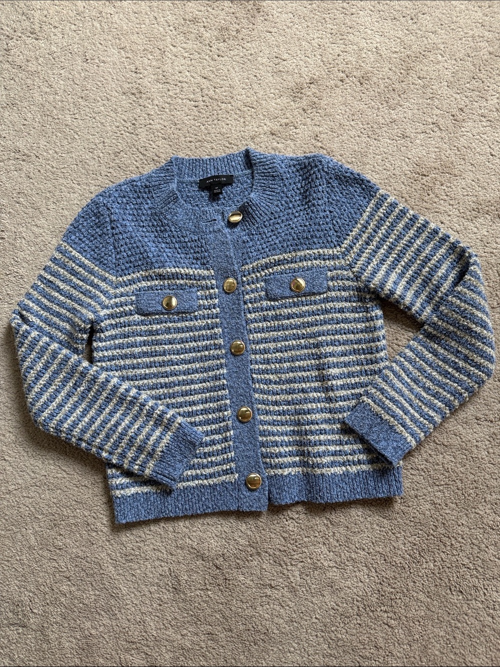 NWOT Ann Taylor Soft Blue & Cream Striped Button Cardigan, MP